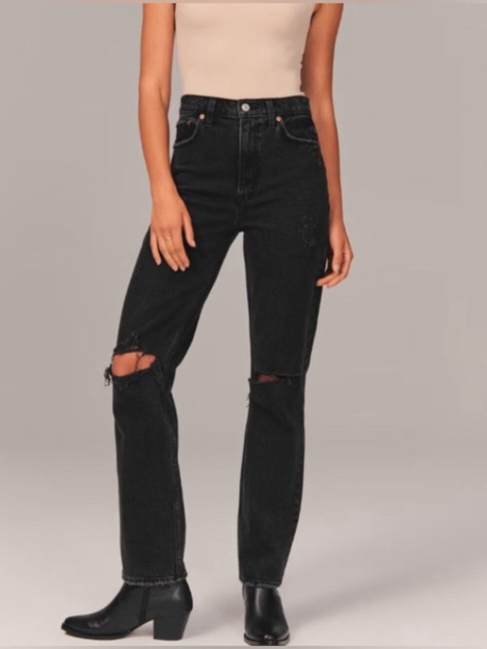 A&F 90s straight ultra high rise distressed black jean